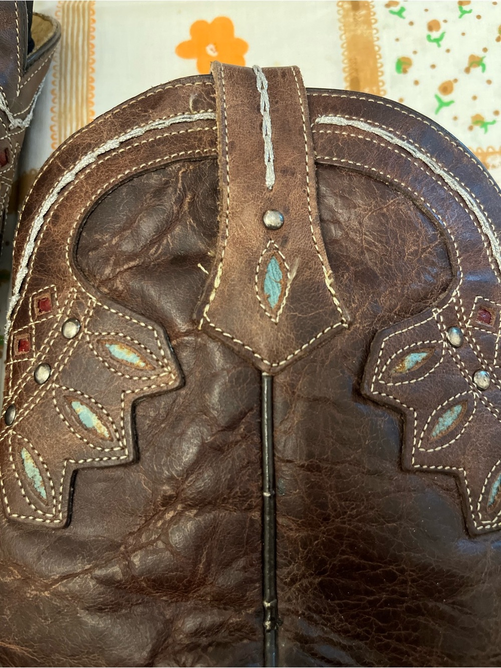 Tony Lama Dark Brown Leather Western Heeled Boot with Turquoise and Red Accents - Picture 2 of 6